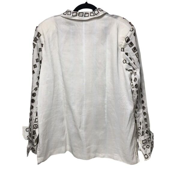 La Rea Collection White Brown Shoulders Pads Shirt Womens top 100% Linen XLarge - Picture 4 of 12